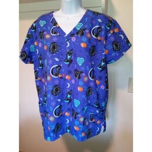 Women's Serene Uniforms Halloween Scrub Top‎ size Medium Witches Pumpkin Purple